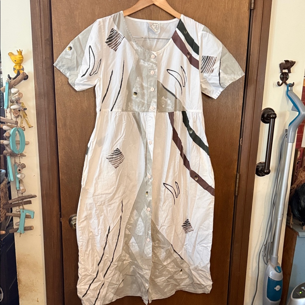 Abstract-Print Light Gray Button-Front Midi Dress